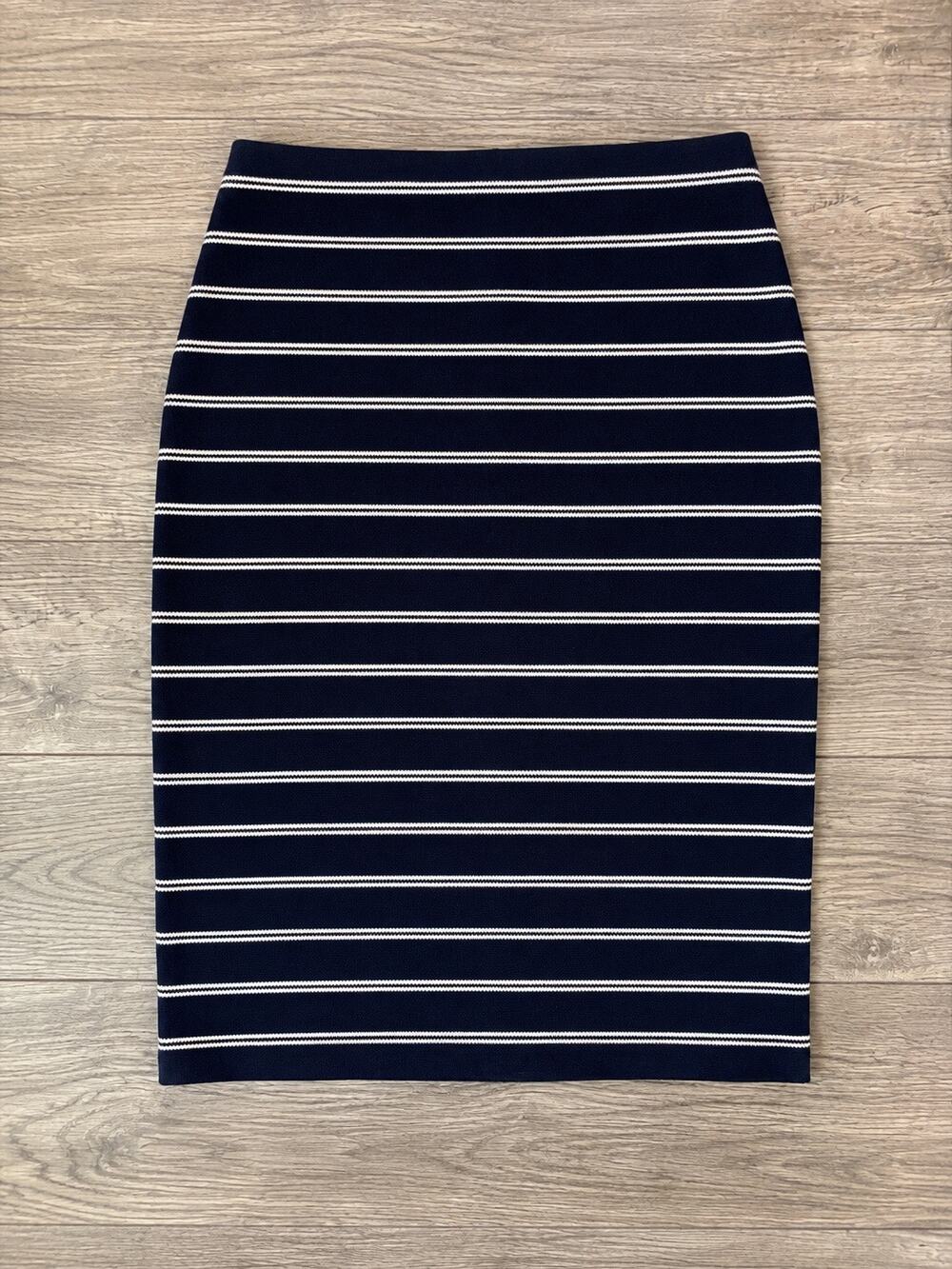 Navy White Striped Pencil Skirt Midi Preppy Nautical Coastal Workwear Sz 8 - Picture 1 of 3